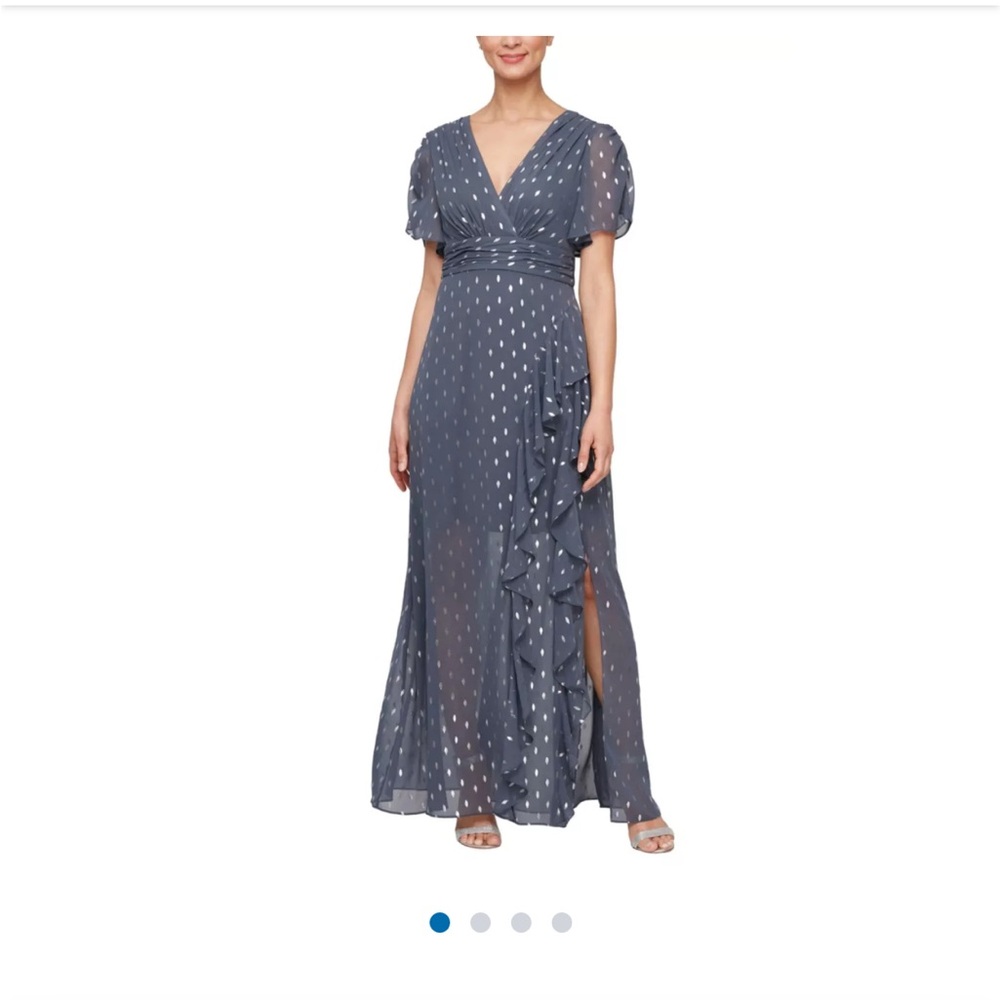SLNY Dark Gray and Silver Leaf Maxi Dress